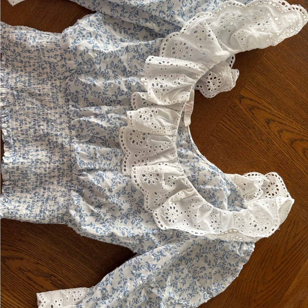 White and Blue Floral Ruffle Blouse